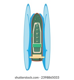 Icono de portadora de grano vector isométrico. Gran barco moderno de carga e icono de la ola oceánica. Transporte de agua, vista superior