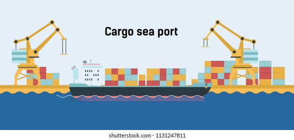 Bulk carrier moored in dock and being unloaded by port cranes. Lots of containers standing near. Cargo transportation flat vector illustration.
