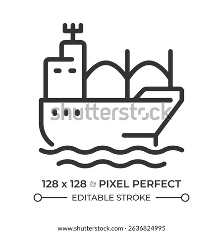 Bulk carrier pixel perfect line icon. Merchant ship transporting unpackaged cargo. Goods delivery by water. Isolated vector illustration. Outline symbol. Simple linear drawing. Editable stroke