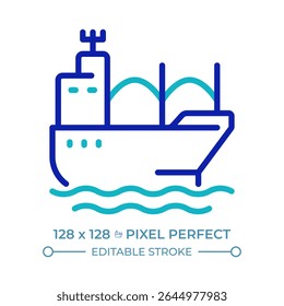 Bulk carrier pixel perfect two color line icon. Merchant ship transporting unpackaged cargo. Goods delivery bicolor outline symbol. Duotone linear pictogram. Isolated illustration. Editable stroke
