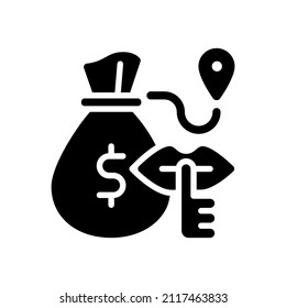 Bulk cash smuggling black glyph icon. Illicit transportation of large sum of money. Financial fraud and contraband. Economic crime. Silhouette symbol on white space. Vector isolated illustration