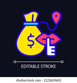 Bulk cash smuggling RGB color icon for dark theme. Illicit transportation of large sum of money. Simple filled line drawing on night mode background. Editable stroke. Pixel perfect. Arial font used