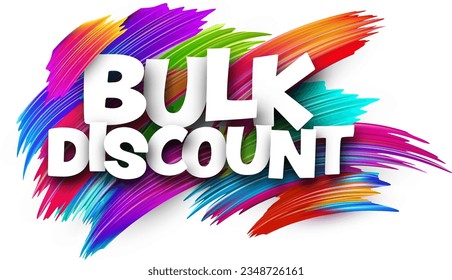 Bulk discount paper word sign with colorful spectrum paint brush strokes over white. Vector illustration.