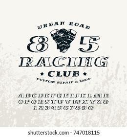 Bulk italic serif font and racing club emblem. Letters and numbers with rough texture for logo and title design. Print on light background