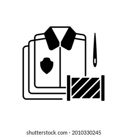Bulk orders black linear icon. Professional garment production. Apparel manufacturing. Clothing alteration and repair services. Outline symbol on white space. Vector isolated illustration