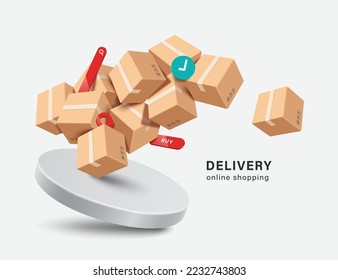 bulk parcel boxes or cardboard box and pins, buy icon, order confirmation icon, search bar Floating in air above a white round podium,vector 3d for e commerce,delivery,online shopping concept design