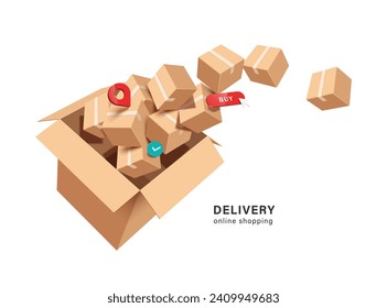 cajas de paquetes a granel o cajas de cartón y pin ,icono de compra ,icono de confirmación de pedido Caja de papel flotante o caja de cartón ,vector 3d aislado para logística ,entrega, comercio electrónico ,diseño de concepto de compras online