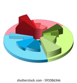 Bulk pie chart with three radial segments. Isometric diagram different heights and color gradation. Template realistic three-dimensional pie chart. Elements of infographics for business. Vector