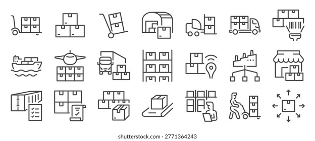 Bulk product icon set. It includes warehouse, distribution, wholesale, package, logistic, and more icons. Editable Vector Stroke.