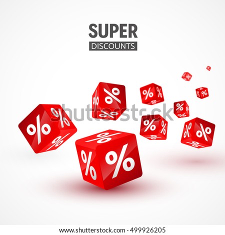 Bulk red cubes with percents on a light background. Illustration for discounts and sales. Super discounts.
