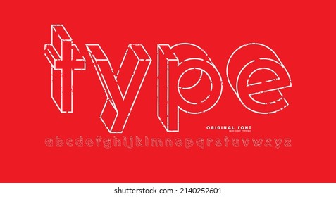 Bulk sans serif font in outline style. Lowercase letters with rough textured for logo and headline design. Vector illustration. White print on red background