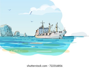 Bulk ship against the shore. Colored sketch illustration