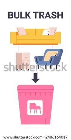 Bulk trash waste management concept illustration showing a sofa chair and cabinet disposed into a pink bin with a furniture icon