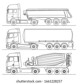 Bulk Truck, Liquid, Concrete Mixer. Industrial and construction transport isolated on white. Vector illustration in cartoon style. Coloring book for adults and children.