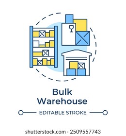 Icono de concepto multicolor de almacén a granel. Industrial tipo edificio. Centro de distribución. Bienes raíces. Ilustración de línea de forma redonda. Abstractas idea. Diseño gráfico. Fácil de usar en el folleto