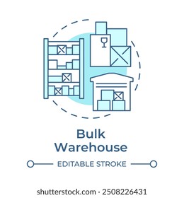 Icono de concepto azul suave de almacén a granel. Industrial tipo edificio. Centro de distribución. Bienes raíces. Ilustración de línea de forma redonda. Abstractas idea. Diseño gráfico. Fácil de usar en el folleto