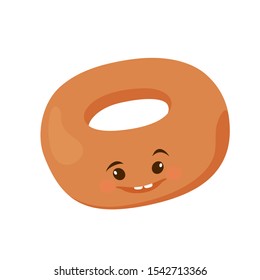 Bulka, kalach. Cute, funny bread character. Bakery smiling pastry. Vector illustration. Menu, banner, signboard, frame, emblem, advertisement, label,