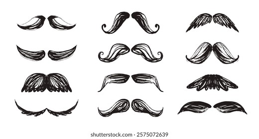 Bulky Grunge Moustache Set. Silhouette hand drawn moustache isolated on white background. Retro design of male moustaches 