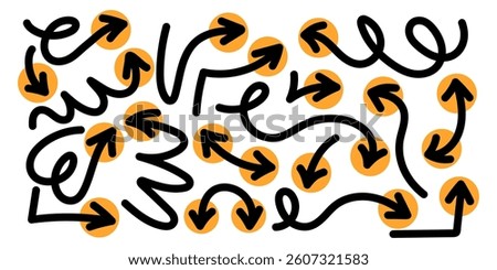 Bulky Hand Drawn Arrows with Big Curvy Lines and Loops. Squiggle coils isolated with wavy pointers. Set of doodle arrow icons. Collection of sketchy hand free curved lines and pointers