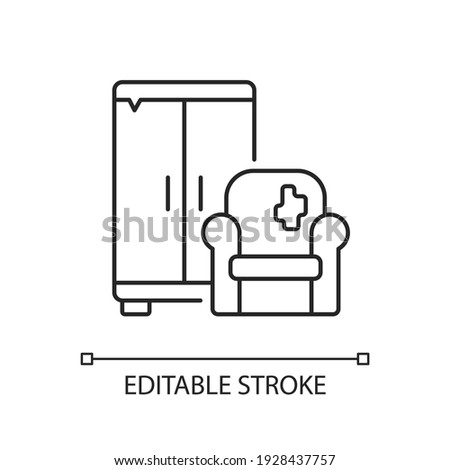 Bulky waste pick up linear icon. Bulky refuse. Large waste types. Household appliances. Furniture. Thin line customizable illustration. Contour symbol. Vector isolated outline drawing. Editable stroke