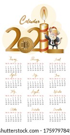 Bull 2021. Calendar. Design template with bitcoins, candle and bull cartoons. New Year character