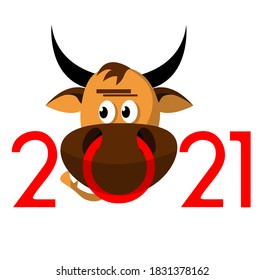 Bull 2021. Image of a bull with a nose ring and the inscription 2021. Symbol of the year according to the Chinese lunar calendar. Stock vector illustration