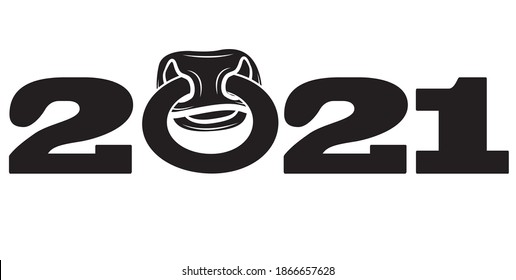 Bull 2021. Image of a bull with a nose ring and the inscription 2021. Symbol of the year according to the Chinese lunar calendar. Nose of a bull with a nose ring 2021. A symbol of New Year and Christm