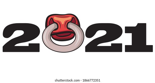 Bull 2021. Image of a bull with a nose ring and the inscription 2021. Symbol of the year according to the Chinese lunar calendar. Nose of a bull with a nose ring 2021. A symbol of New Year and Christm