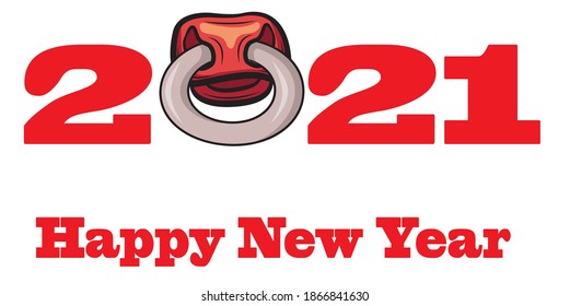 Bull 2021. Image of a bull with a nose ring and the inscription 2021. Symbol of the year according to the Chinese lunar calendar. Nose of a bull with a nose ring 2021. A symbol of New Year and Christm