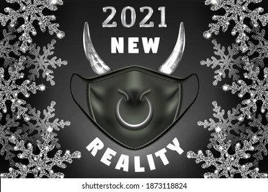 A Bull, 2021 New Year Symbol, Wearing Protective Black Face Mask. New Reality. Face Mask With A Nose Ring And Cow Horns On A Dark Background With Shiny Silver Snowflakes. Vector.