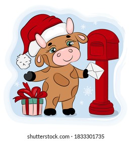 BULL 2021 SENDS CHRISTMAS MAIL Cute New Year Merry Christmas Cartoon Holiday Hand Drawn Vector Illustration Set For Print