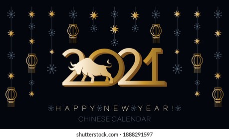 Bull 2021. Symbol Chinese New Year. Greeting card, banner with date 2021 and garland. Dark festive background. Vector illustration. Vector illustration