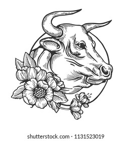 Bull animal engraving vector illustration. Scratch board style imitation. Black and white hand drawn image.