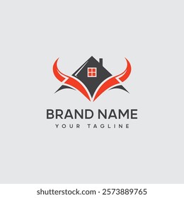 Bull animal logo with Home, home silhouette simple linear geometric shape in minimalist style.