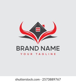 Bull animal logo with Home, home silhouette simple linear geometric shape in minimalist style.