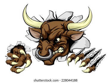 A Bull animal sports mascot breaking through a wall