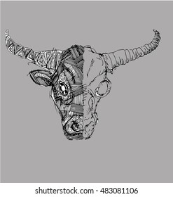 the bull animal with wool texture and half only skeleton hand drawn black outline isolated