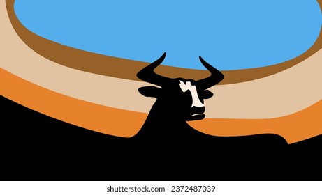 bull in the arena, landscape, flat vector illustration