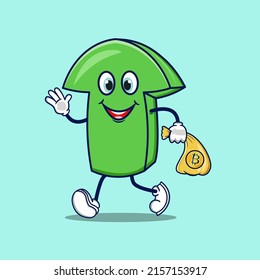 Bull arrow character with cute character holding bitcoin
