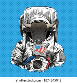 Bull in astronaut suit. 2021 year. Hand drawn vector illustration. 