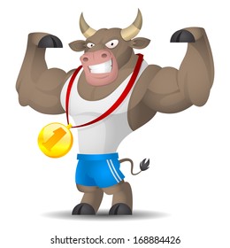 Bull athlete shows muscles