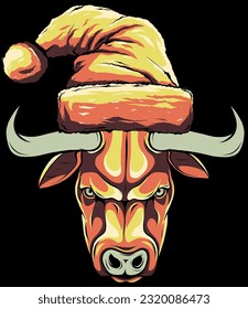 bull with bangs in a red Santa s hat on black background