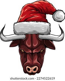 bull with bangs in a red Santa's hat