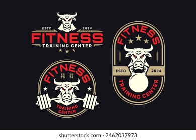 bull with barbell and kettlebell logo design for fitness, gym, bodybuilding, weightlifting