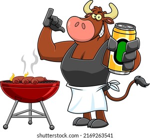 Bull Bbq Chef Cartoon Mascot Character Grilling Sausages Holding A Beer Can. Vector Hand Drawn Illustration Isolated On White Background