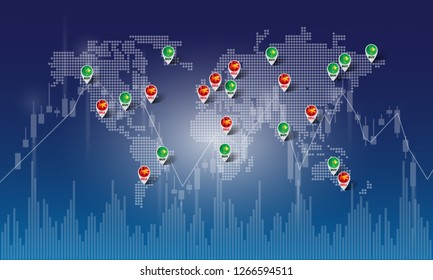 Bull and Bear abstract vector illustration. Buy and Sell signal for Forex stock market trading on world map. graphic design concept of stock market Bullish and Bearish trend.