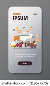 bull and bear in attacking pose dangerous mammal animals market trend stock exchange trading concept
