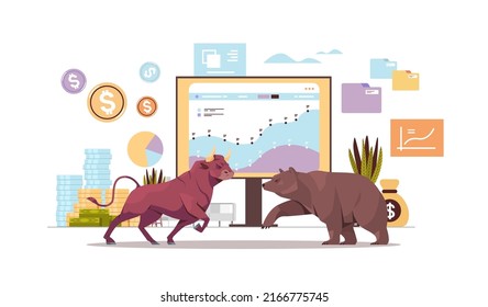 bull and bear in attacking pose dangerous mammal animals market trend stock exchange trading concept