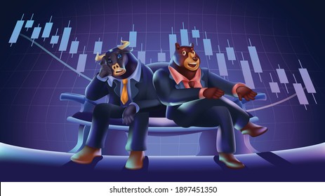 Bull and Bear cartoons with stock market chart