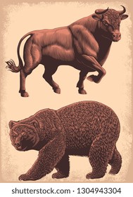 Bull and bear. Design set. Hand drawn engraving. Editable vector vintage illustration. Isolated on light background. 8 EPS